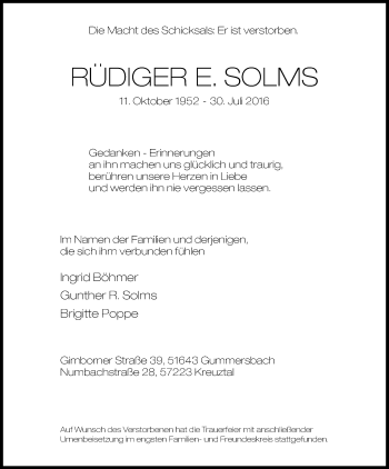 Anzeige von Rüdiger Solms von Kölner Stadt-Anzeiger / Kölnische Rundschau / Express