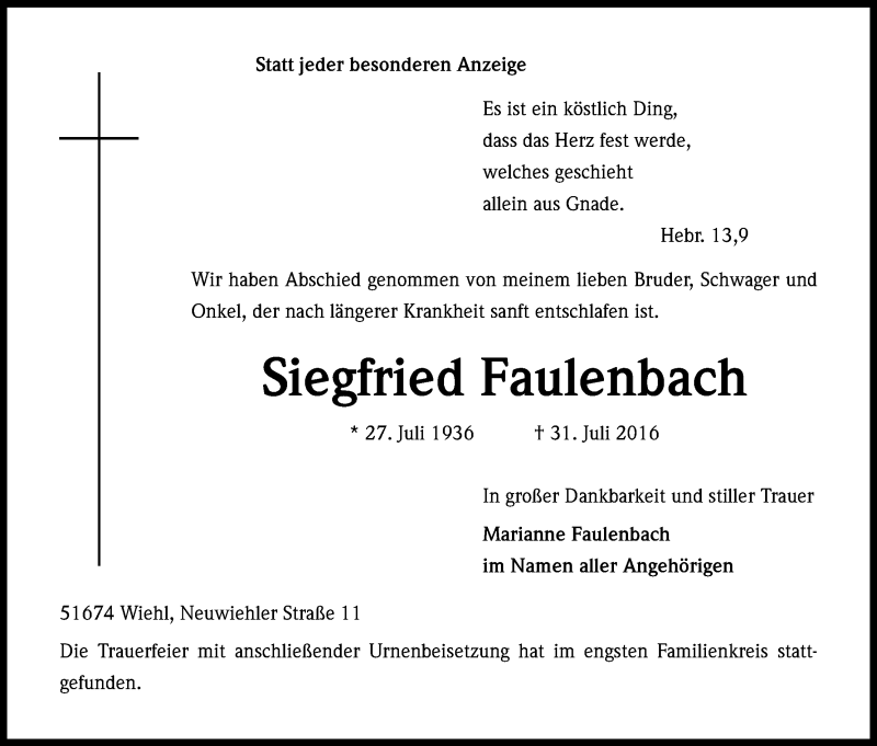  Traueranzeige für Siegfried Faulenbach vom 13.08.2016 aus Kölner Stadt-Anzeiger / Kölnische Rundschau / Express