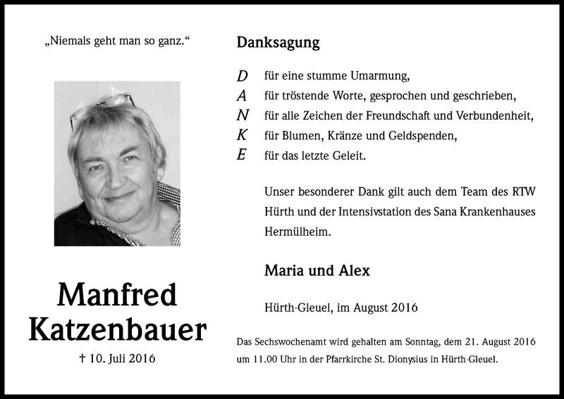  Traueranzeige für Manfred Katzenbauer vom 13.08.2016 aus Kölner Stadt-Anzeiger / Kölnische Rundschau / Express