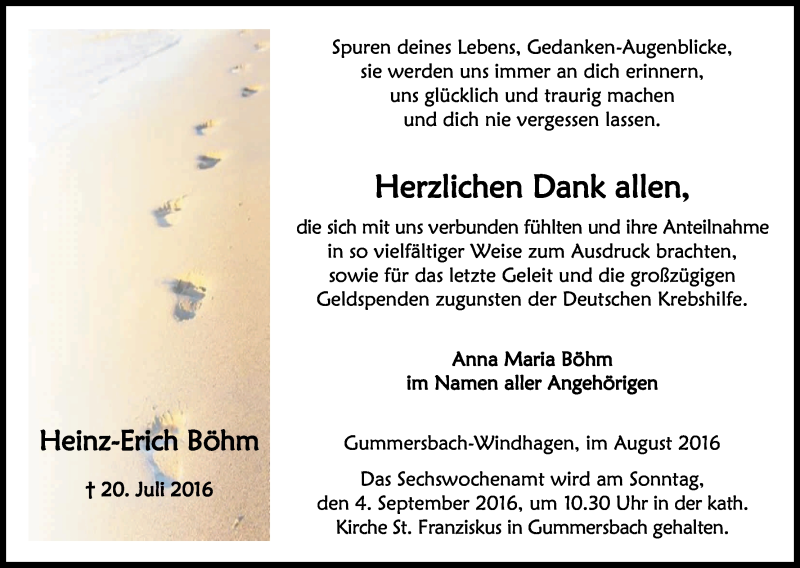 Traueranzeige für Heinz-Erich Böhm vom 27.08.2016 aus Kölner Stadt-Anzeiger / Kölnische Rundschau / Express