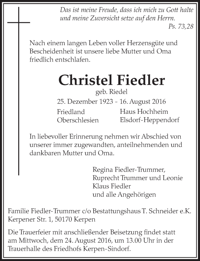  Traueranzeige für Christel Fiedler vom 20.08.2016 aus  Sonntags-Post 