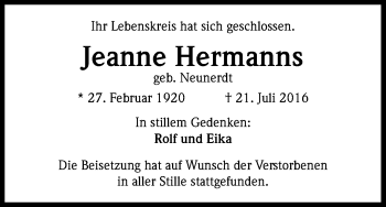 Anzeige von Jeanne Hermanns von Kölner Stadt-Anzeiger / Kölnische Rundschau / Express