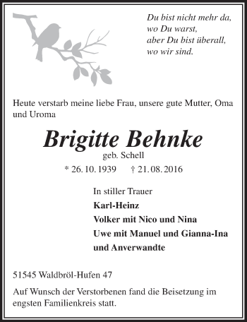 Anzeige von Brigitte Behnke von  Lokalanzeiger 