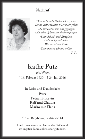 Anzeige von Käthe Pütz von  Werbepost 