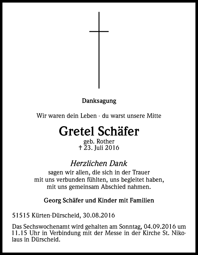  Traueranzeige für Gretel Schäfer vom 31.08.2016 aus Kölner Stadt-Anzeiger / Kölnische Rundschau / Express