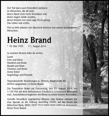 Anzeige von Heinz Brand von Kölner Stadt-Anzeiger / Kölnische Rundschau / Express