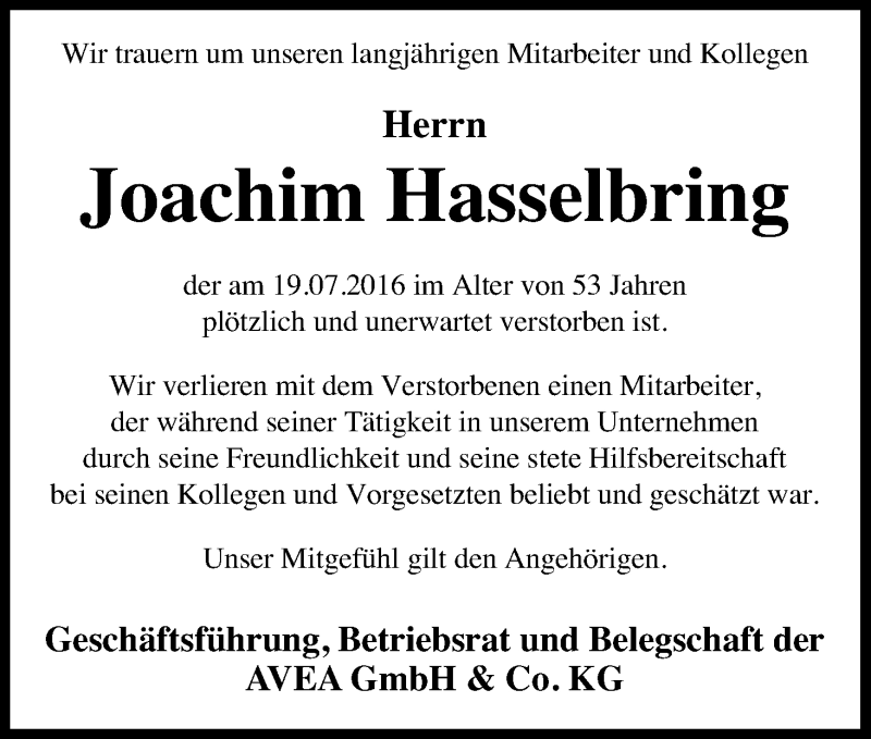  Traueranzeige für Joachim Hasselbring vom 06.08.2016 aus Kölner Stadt-Anzeiger / Kölnische Rundschau / Express