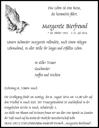 Anzeige von Margarete Bierfreund von Kölner Stadt-Anzeiger / Kölnische Rundschau / Express