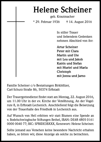 Anzeige von Helene Scheiner von Kölner Stadt-Anzeiger / Kölnische Rundschau / Express