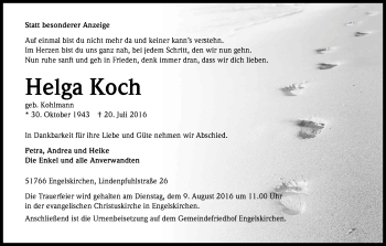 Anzeige von Helga Koch von Kölner Stadt-Anzeiger / Kölnische Rundschau / Express