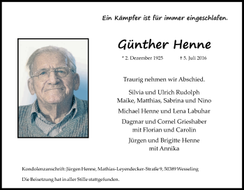 Anzeige von Günther Henne von Kölner Stadt-Anzeiger / Kölnische Rundschau / Express