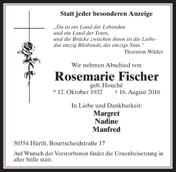 Anzeige von Rosemarie Fischer von  Wochenende 