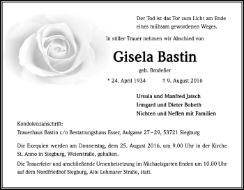 Anzeige von Gisela Bastin von Kölner Stadt-Anzeiger / Kölnische Rundschau / Express
