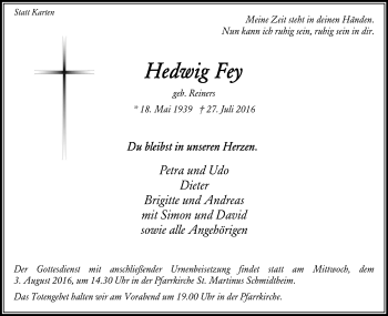 Anzeige von Hedwig Fey von Kölner Stadt-Anzeiger / Kölnische Rundschau / Express