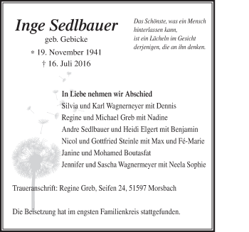 Anzeige von Inge Sedlbauer von  Westerwald Rundschau 
