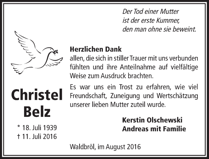  Traueranzeige für Christel Belz vom 31.08.2016 aus  Lokalanzeiger 