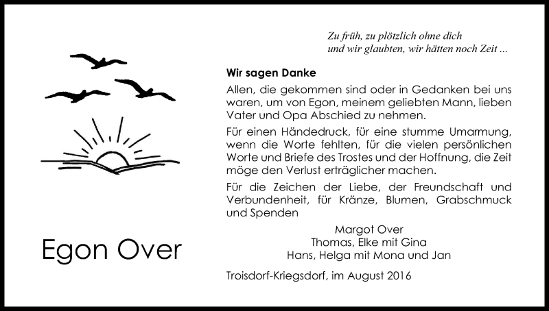  Traueranzeige für Egon Over vom 13.08.2016 aus Kölner Stadt-Anzeiger / Kölnische Rundschau / Express