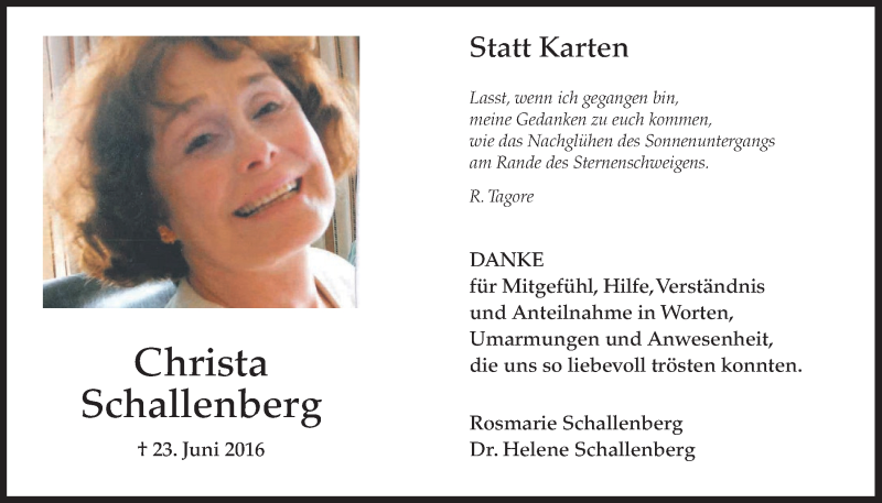  Traueranzeige für Christa Schallenberg vom 10.08.2016 aus  Schaufenster/Blickpunkt 