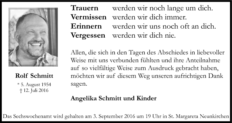  Traueranzeige für Rolf Schmitt vom 27.08.2016 aus Kölner Stadt-Anzeiger / Kölnische Rundschau / Express