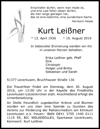 Anzeige von Kurt Leißner von Kölner Stadt-Anzeiger / Kölnische Rundschau / Express