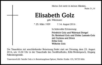Anzeige von Elisabeth Golz von Kölner Stadt-Anzeiger / Kölnische Rundschau / Express
