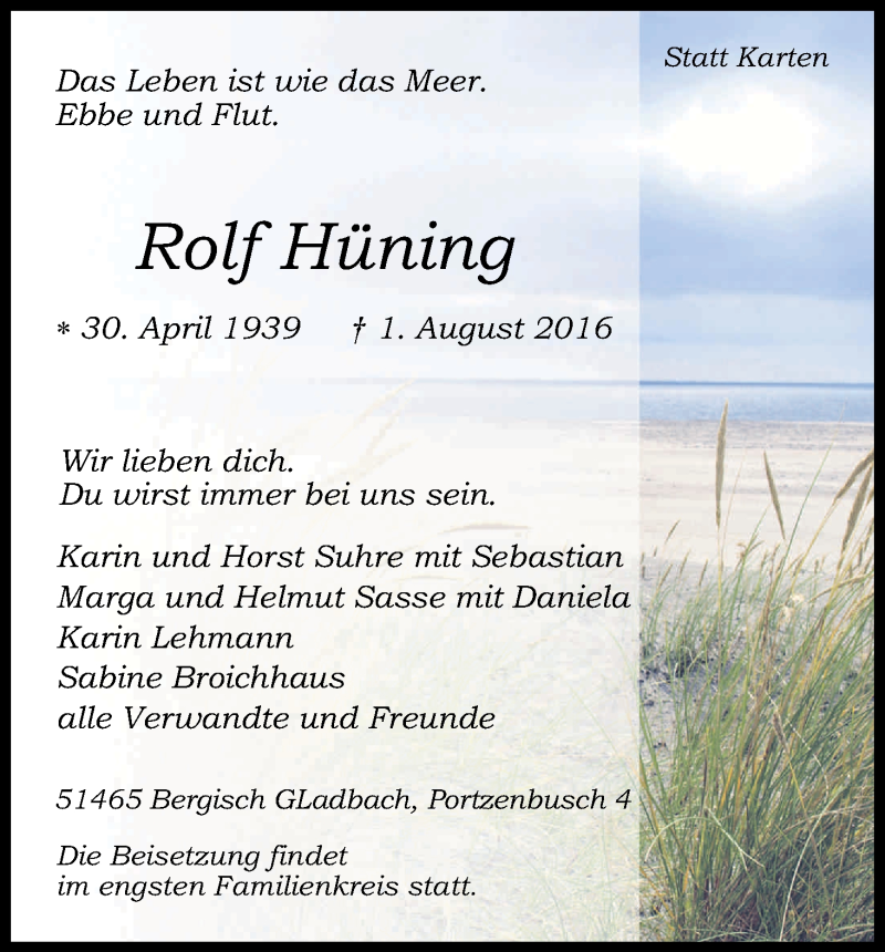  Traueranzeige für Rolf Hüning vom 05.08.2016 aus Kölner Stadt-Anzeiger / Kölnische Rundschau / Express
