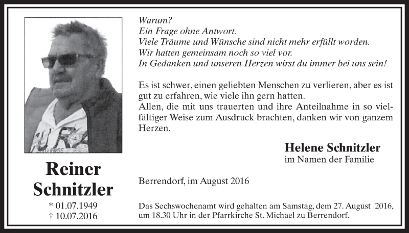  Traueranzeige für Reiner Schnitzler vom 20.08.2016 aus  Sonntags-Post 