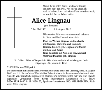 Anzeige von Alice Lingnau von Kölner Stadt-Anzeiger / Kölnische Rundschau / Express