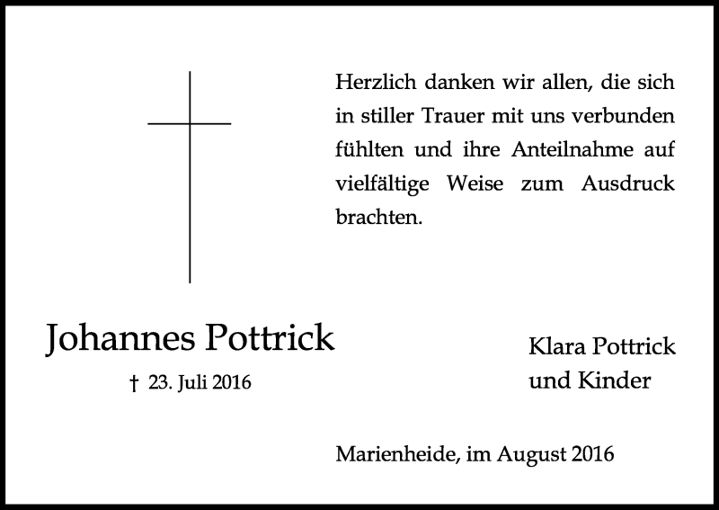  Traueranzeige für Johannes Pottrick vom 26.08.2016 aus Kölner Stadt-Anzeiger / Kölnische Rundschau / Express