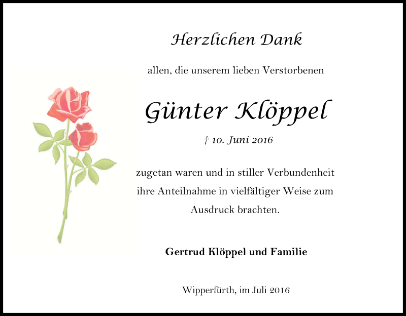  Traueranzeige für Günter Klöppel vom 13.07.2016 aus Kölner Stadt-Anzeiger / Kölnische Rundschau / Express