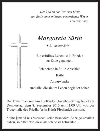 Anzeige von Margareta Sürth von  Wochenende 