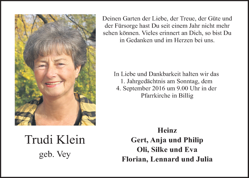  Traueranzeige für Trudi Klein vom 27.08.2016 aus  Blickpunkt Euskirchen 