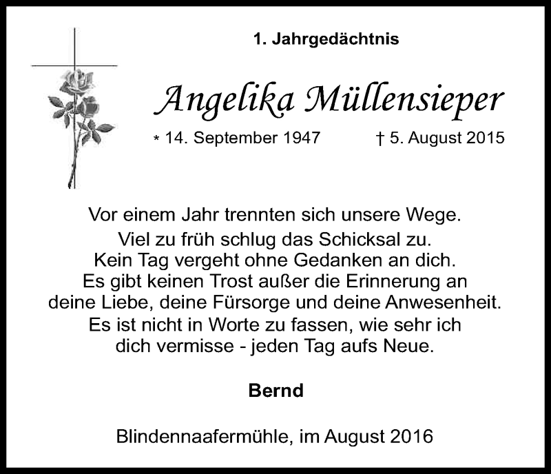  Traueranzeige für Angelika Müllensieper vom 05.08.2016 aus Kölner Stadt-Anzeiger / Kölnische Rundschau / Express