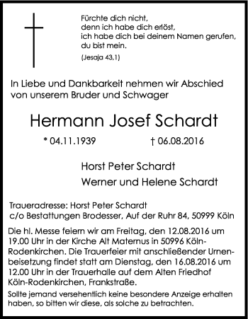 Anzeige von Hermann Josef Schardt von Kölner Stadt-Anzeiger / Kölnische Rundschau / Express
