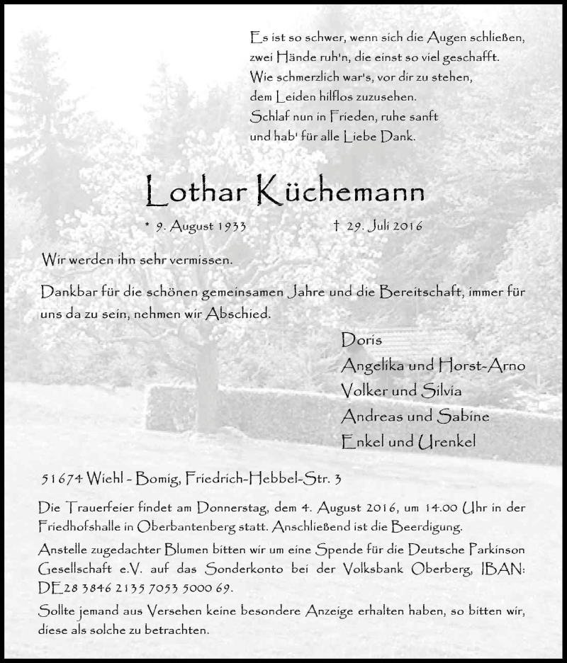  Traueranzeige für Lothar Küchemann vom 02.08.2016 aus Kölner Stadt-Anzeiger / Kölnische Rundschau / Express