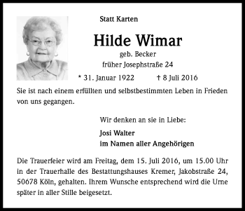Anzeige von Hilde Wimar von Kölner Stadt-Anzeiger / Kölnische Rundschau / Express