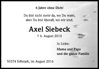 Anzeige von Axel Siebeck von Kölner Stadt-Anzeiger / Kölnische Rundschau / Express