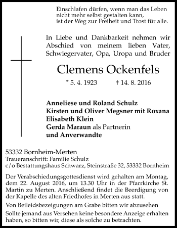 Anzeige von Clemens Ockenfels von Kölner Stadt-Anzeiger / Kölnische Rundschau / Express