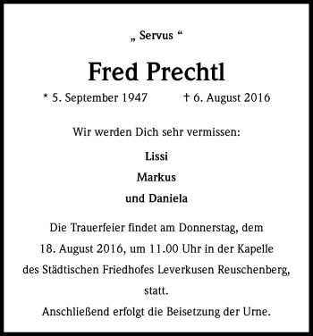 Anzeige von Fred Prechtl von Kölner Stadt-Anzeiger / Kölnische Rundschau / Express