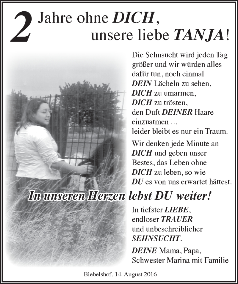  Traueranzeige für Tanja  vom 10.08.2016 aus  Lokalanzeiger 