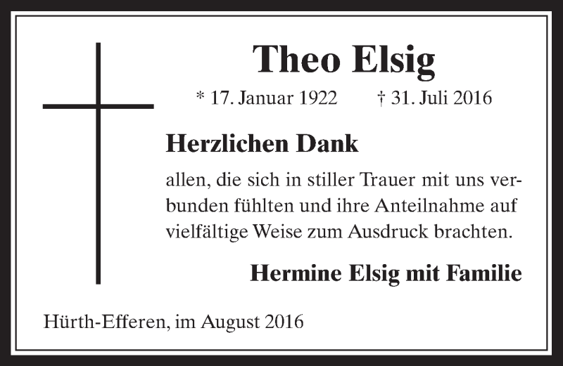  Traueranzeige für Theo Elsig vom 17.08.2016 aus  Wochenende 