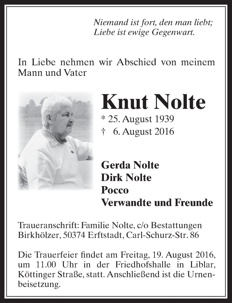  Traueranzeige für Knut Nolte vom 17.08.2016 aus  Werbepost 