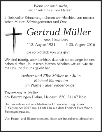 Anzeige von Gertrud Müller von  Kölner Wochenspiegel 