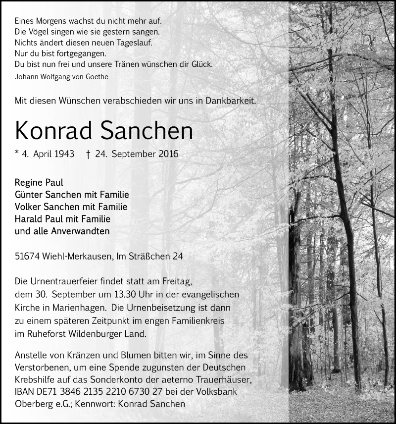  Traueranzeige für Konrad Sanchen vom 28.09.2016 aus  Anzeigen Echo 