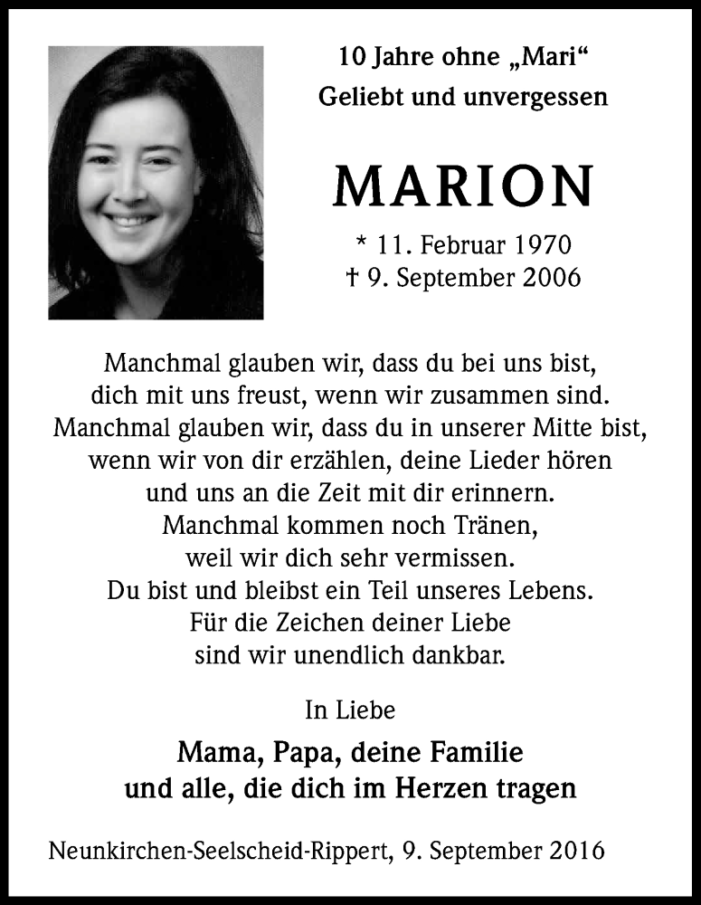  Traueranzeige für Marion  vom 09.09.2016 aus Kölner Stadt-Anzeiger / Kölnische Rundschau / Express