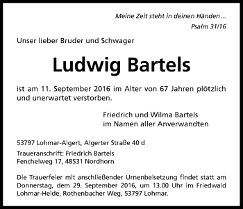 Anzeige von Ludwig Bartels von Kölner Stadt-Anzeiger / Kölnische Rundschau / Express