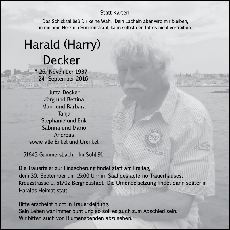  Traueranzeige für Harald Decker vom 28.09.2016 aus  Anzeigen Echo 