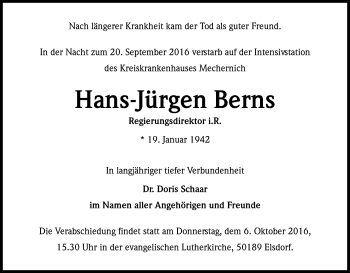 Anzeige von Hans-Jürgen Berns von Kölner Stadt-Anzeiger / Kölnische Rundschau / Express