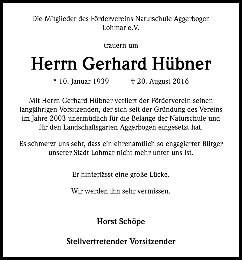  Traueranzeige für Gerhard Hübner vom 02.09.2016 aus Kölner Stadt-Anzeiger / Kölnische Rundschau / Express