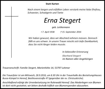 Anzeige von Erna Stegert von Kölner Stadt-Anzeiger / Kölnische Rundschau / Express